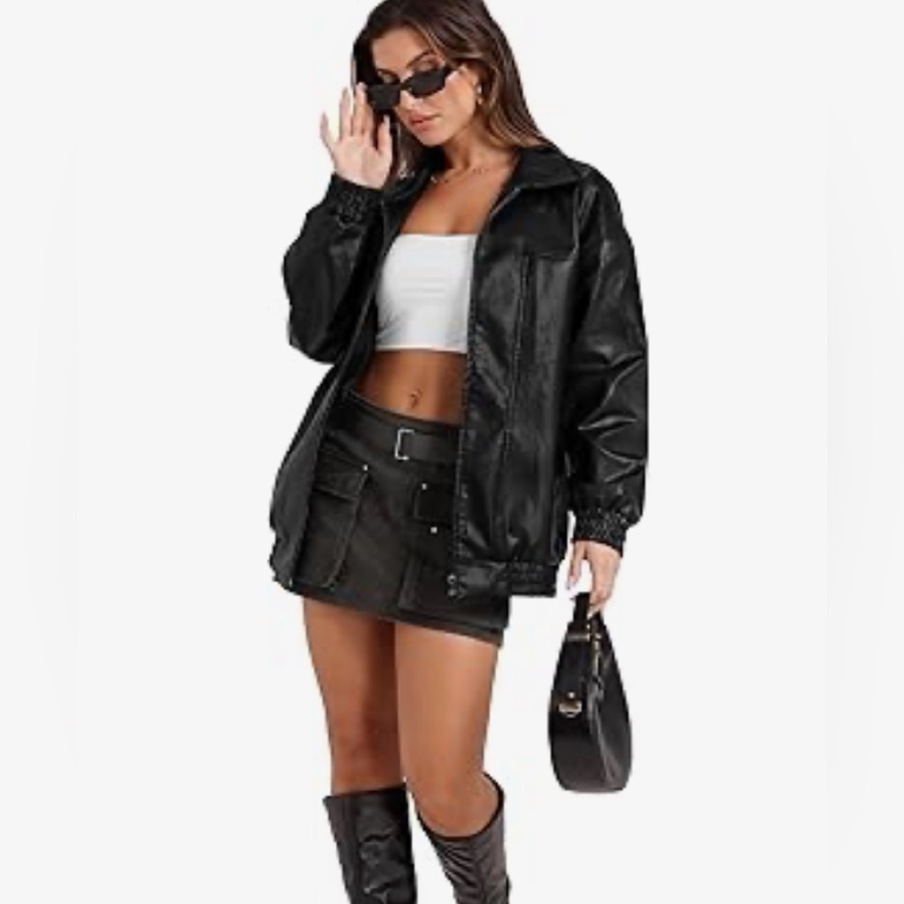 Black Faux Leather Oversized Bomber Jacket